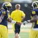 Michigan junior quarterback Denard Robinson reaches for a high five from sophomore running back Fitzgerald Toussaint after a play at practice on Tuesday.  Melanie Maxwell I AnnArbor.com

